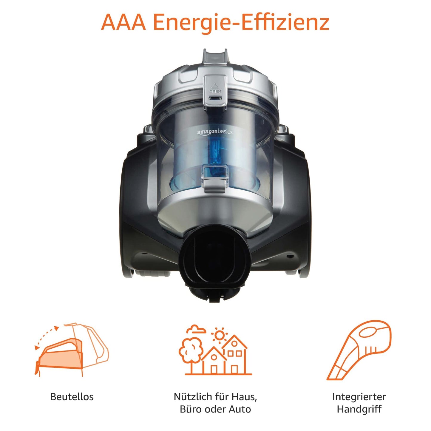 Amazon Basics Zylinder-Staubsauger, leistungsstark, kompakt und leicht, ohne Beutel, für Hart- und Teppichböden, HEPA-Filter