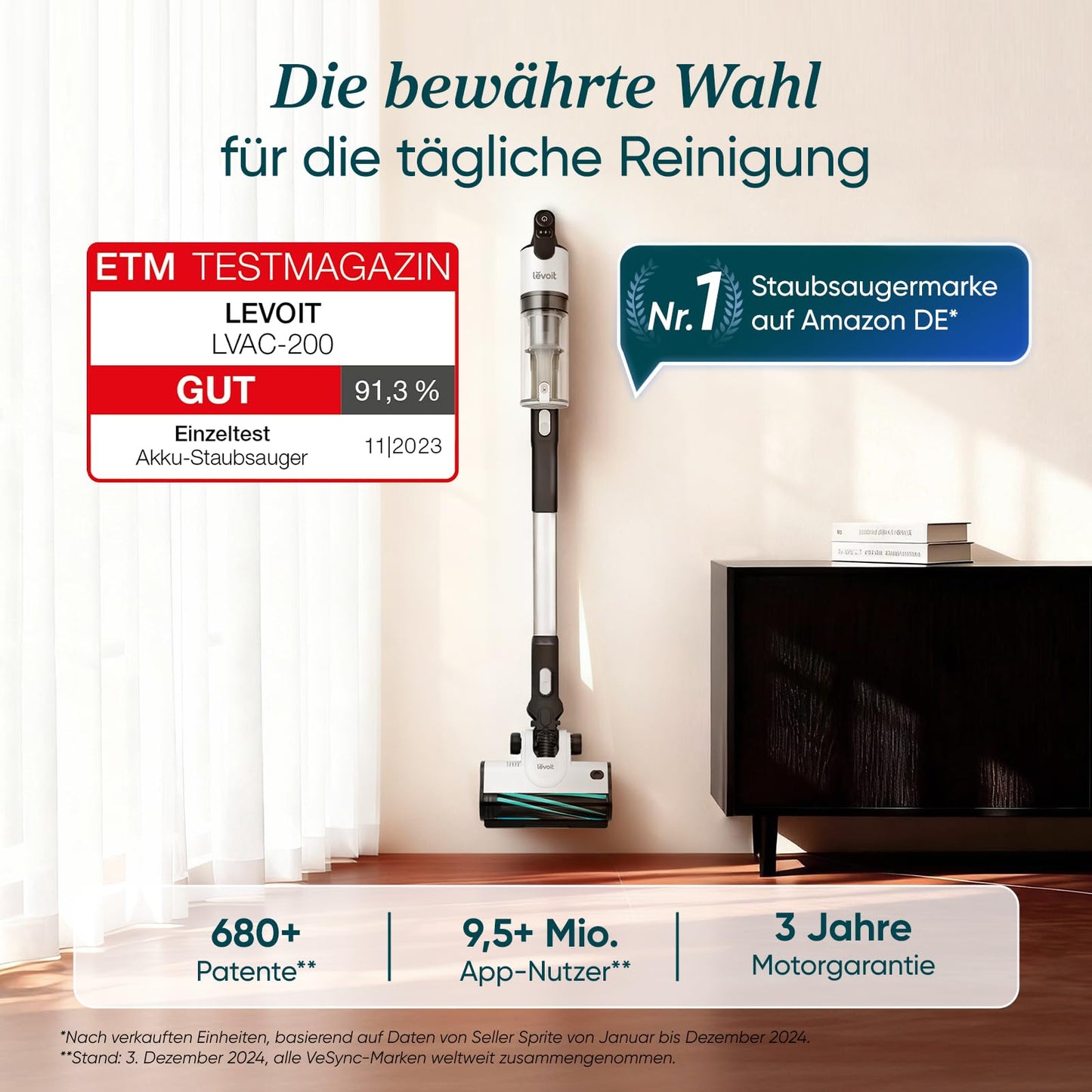 Levoit - Akku Staubsauger - Laufzeit für 75㎡ - Staubsauger Kabellos - 4-in-1 Vacuum Cleaner - 99,9 Prozent Filterleistung