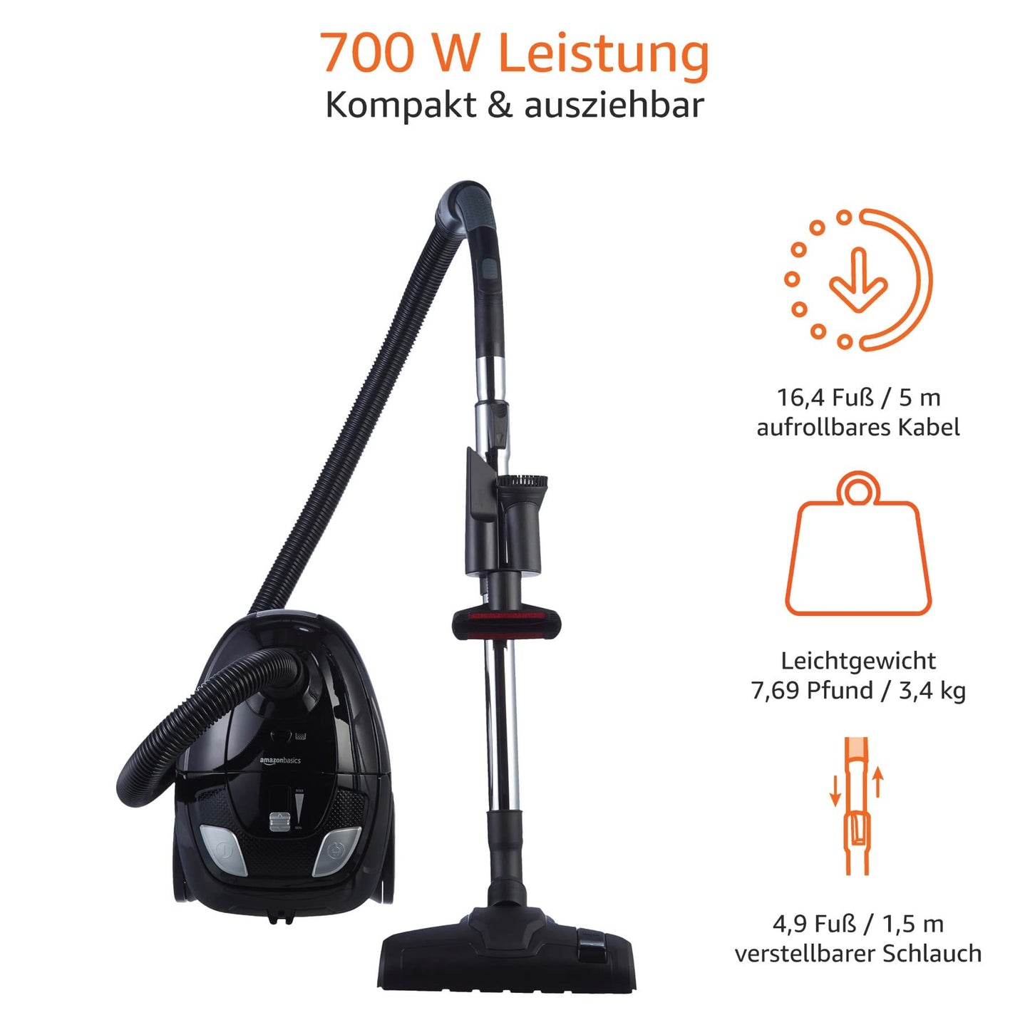 Amazon Basics Staubsauger mit Beutel- VCB35B15C-1J7W-70, leistungsstark, kompakt und leicht, für Hart- und Teppichböden