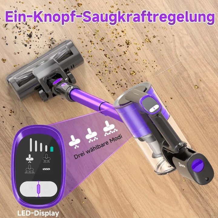 Hearten Akku Staubsauger Kabellos mit LED Display, Leise, 3 Betriebsarten, Kabelloser Staubsauger mit LED-Beleuchtung