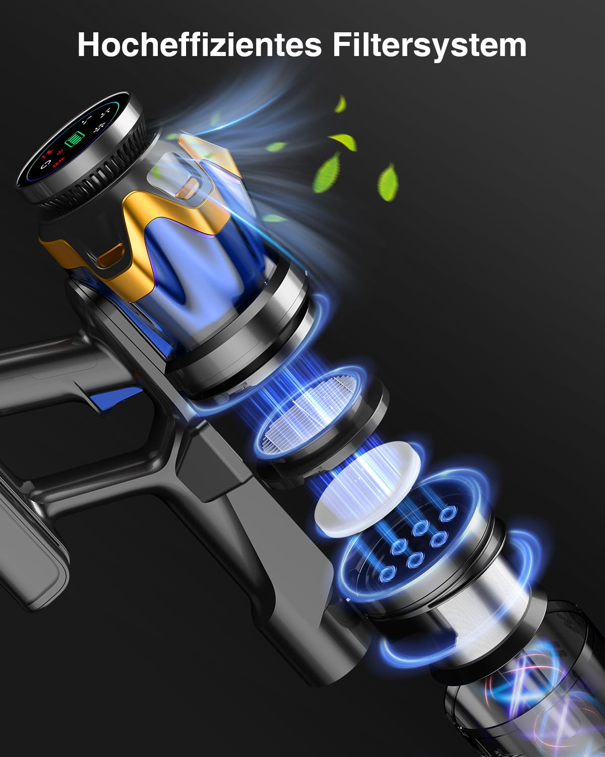 Akku Staubsauger 45000Pa/550W/65Min, 1,6L Staubsauger Kabellos mit Display, Anti-Tangle-Bürste, Selbststehend, Wandladestation