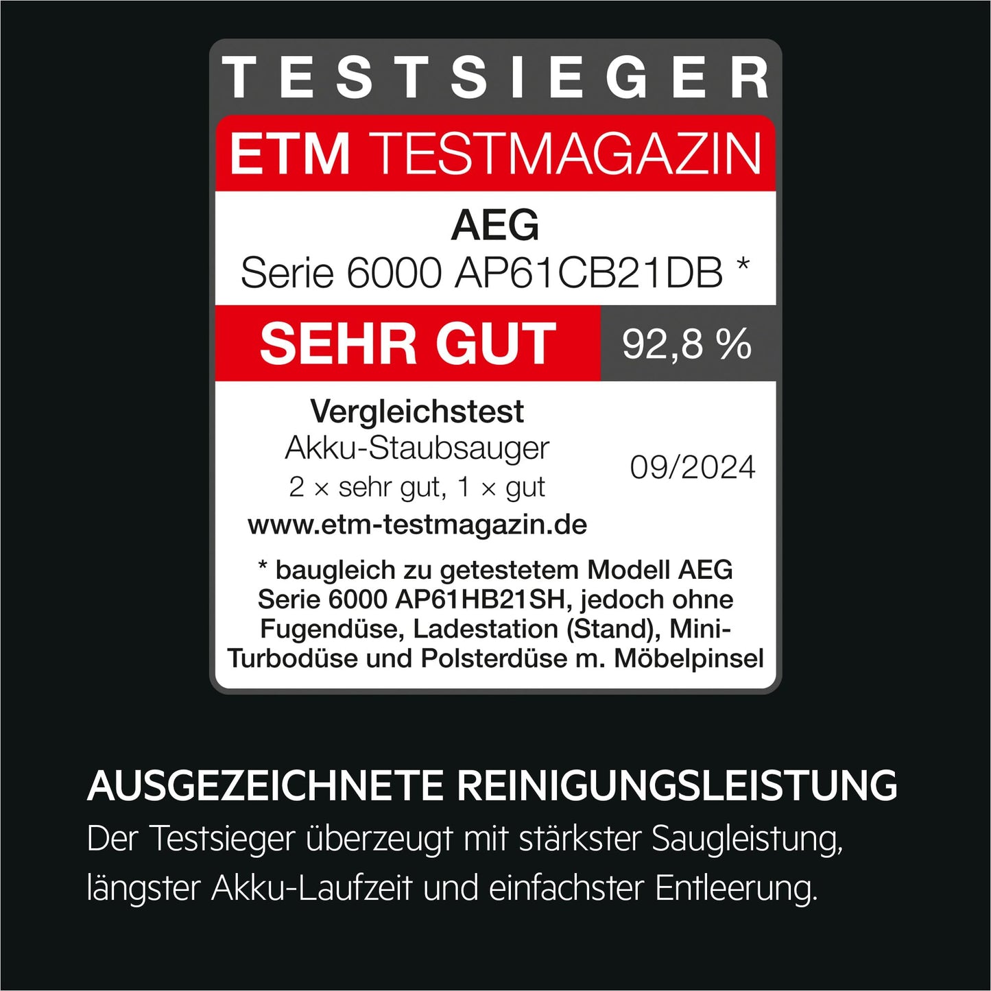 AEG 6000 Akku-Staubsauger, 103.000 U/Min, 175.000 dPa, Digitalmotor, Kabellos, bis zu 99% Staubaufnahme, 40 min Laufzeit
