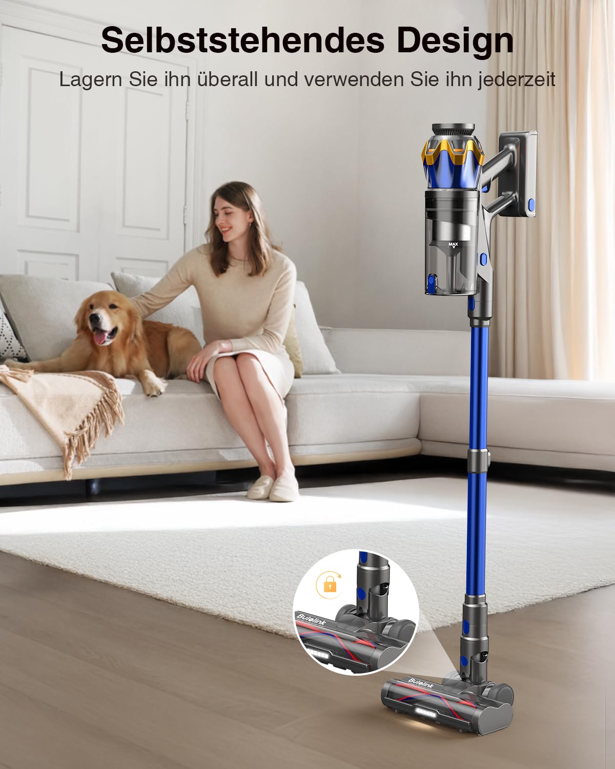 Akku Staubsauger 45000Pa/550W/65Min, 1,6L Staubsauger Kabellos mit Display, Anti-Tangle-Bürste, Selbststehend, Wandladestation