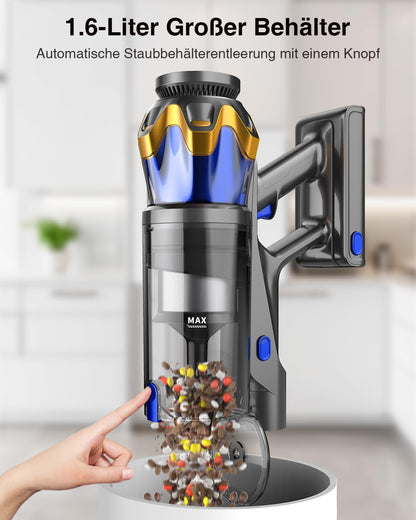 Akku Staubsauger 45000Pa/550W/65Min, 1,6L Staubsauger Kabellos mit Display, Anti-Tangle-Bürste, Selbststehend, Wandladestation