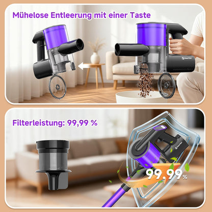 Hearten Akku Staubsauger Kabellos mit LED Display, Leise, 3 Betriebsarten, Kabelloser Staubsauger mit LED-Beleuchtung