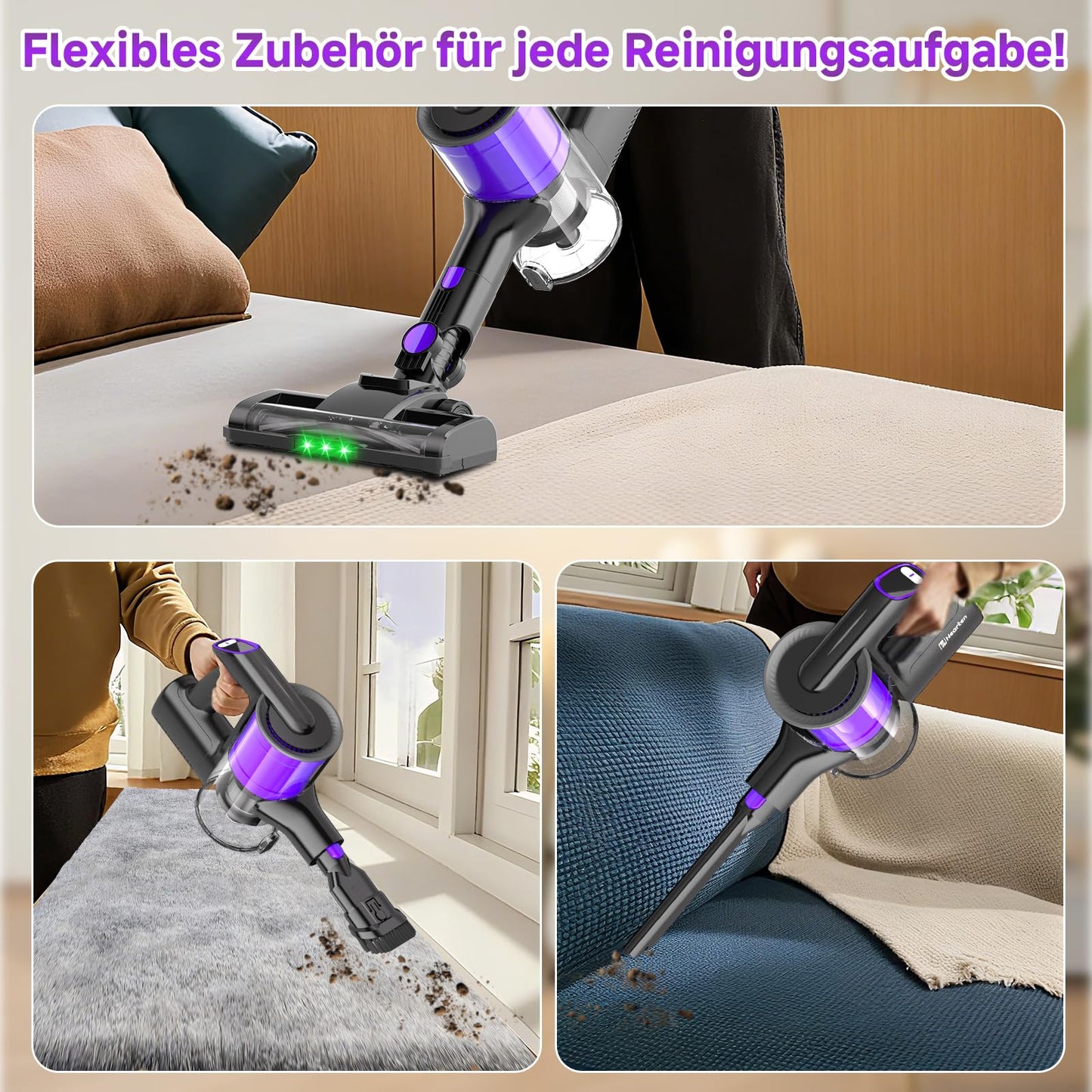 Hearten Akku Staubsauger Kabellos mit LED Display, Leise, 3 Betriebsarten, Kabelloser Staubsauger mit LED-Beleuchtung